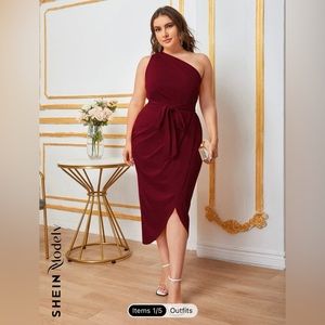 Shein Modely Plus One Shoulder Self Belted Wrap Dress